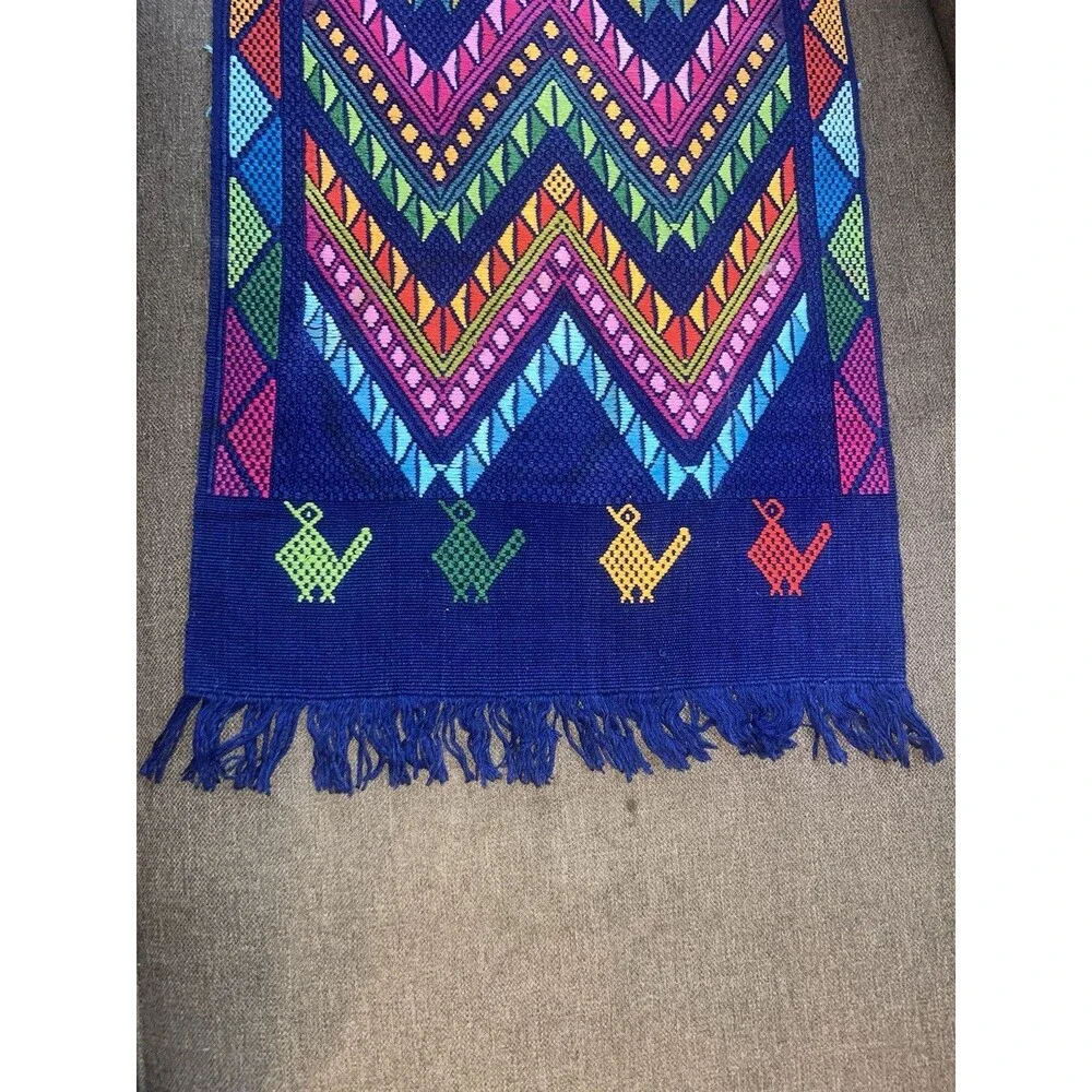Guatemalan Woven Table Runner Blue Colorful Birds Vibrant Wall Hanging